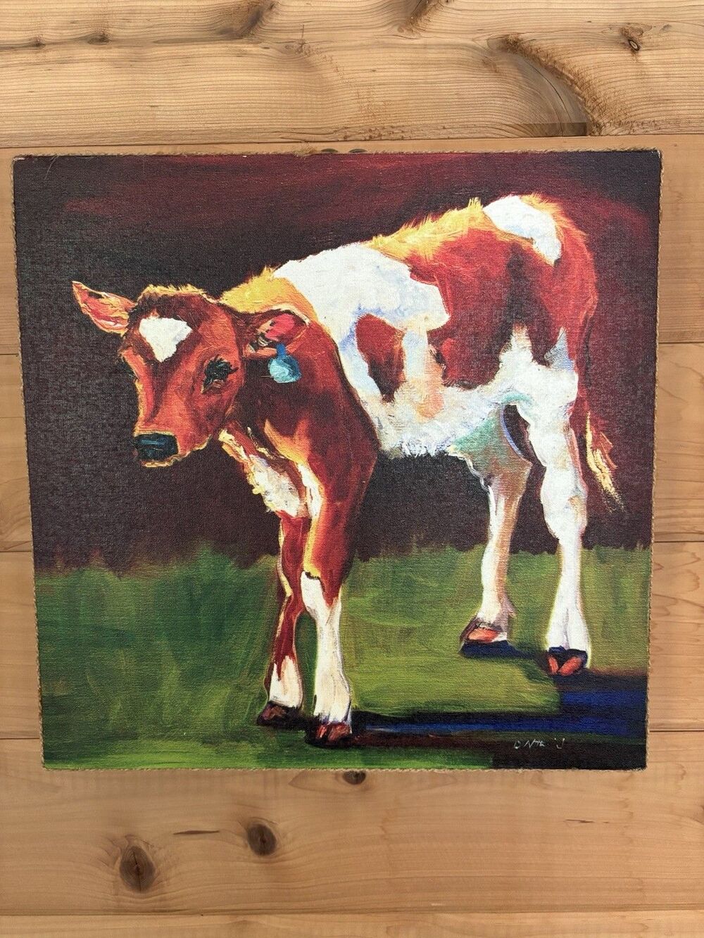 Signed Diane Whiiehead Cow Calf Oil Print Burlap & Stud Framing Western Artwork